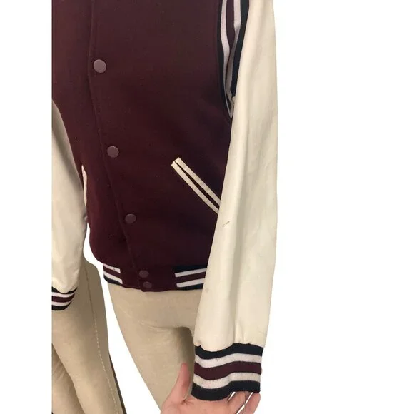 Ring Of Fire Mens Varsity Jacket Size L Maroon & White Polyester - Picture 7 of 12